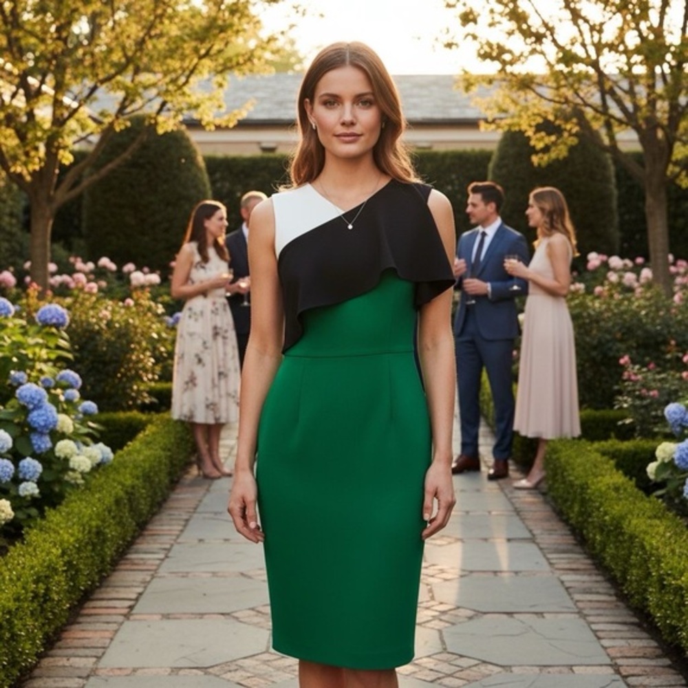 LUIS BUCHINHO Couture Colorblock Green Black White Asymmetrical Midi Dress